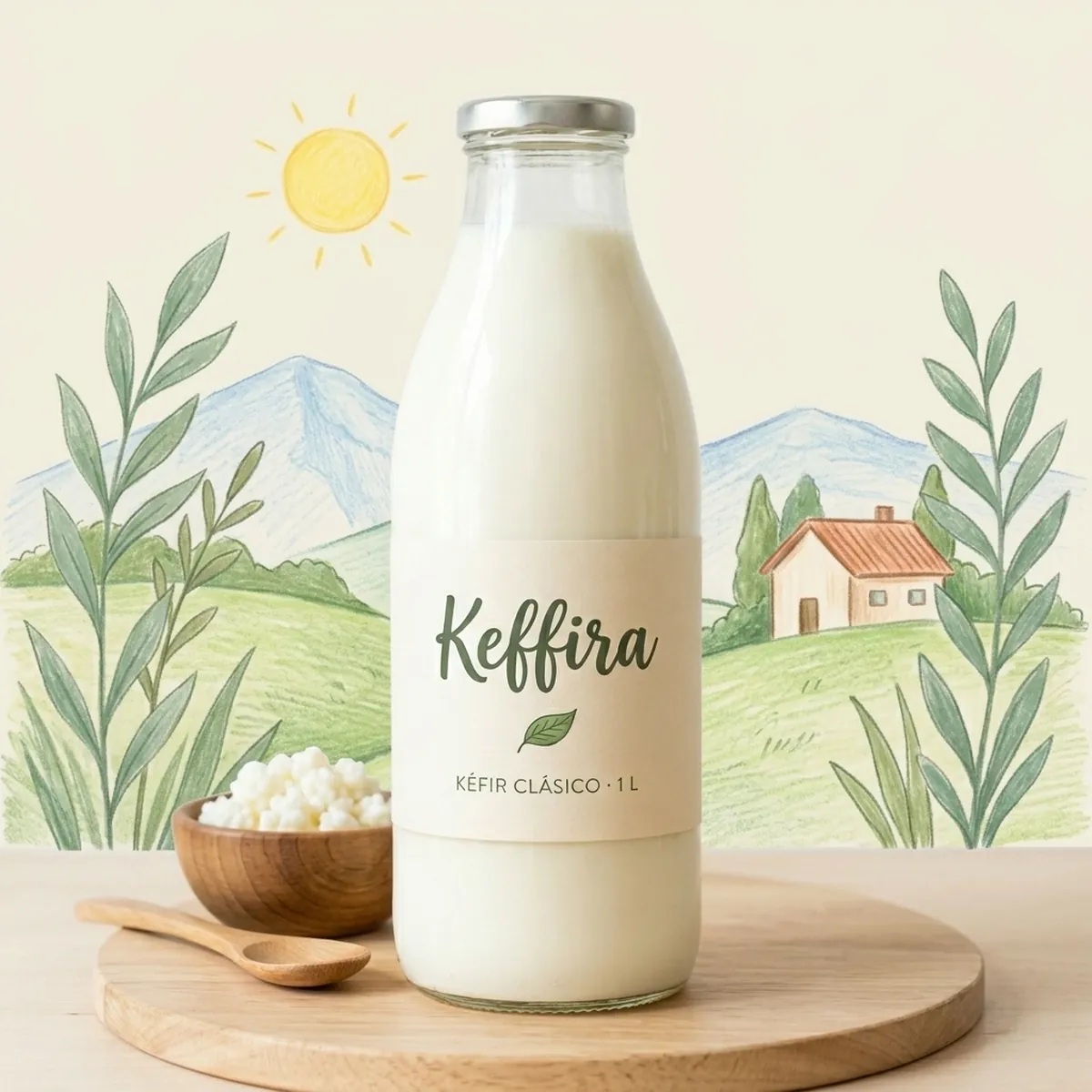 Botella de vidrio de 1 litro de kéfir Keffira junto a un bol de nódulos de kéfir